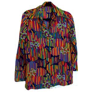 Vintage Colorful Neon Abstract Graphic Dagger Collar Psychedelic Top Blouse READ